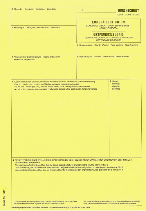 KLEINMENGE - Ursprungszeugnis, gelbe Kopie 1-fach für Laserdrucker, 10 Stück
