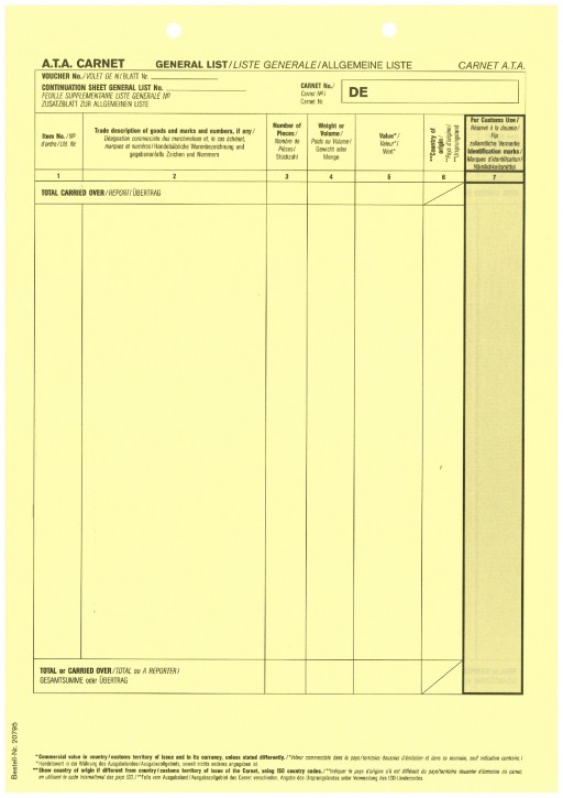 Carnet A.T.A. Zusatzblatt "General List" (gelb) 1-fach, mit Perforation, VPE 100 Stück